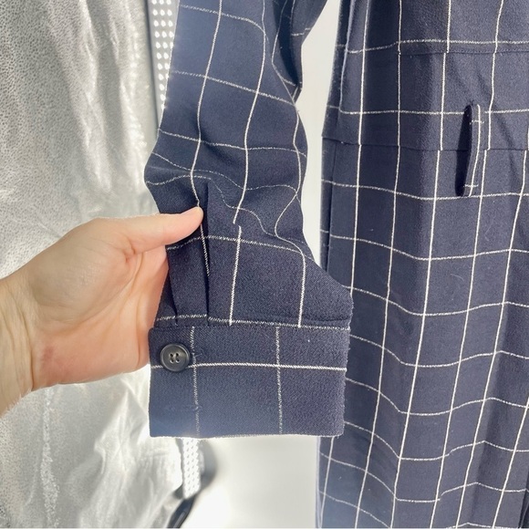 PEARL Lela Rose Navy Blue Checkered Plaid Long Sleeve Collared Minimal Jumpsuit - Picture 7 of 13